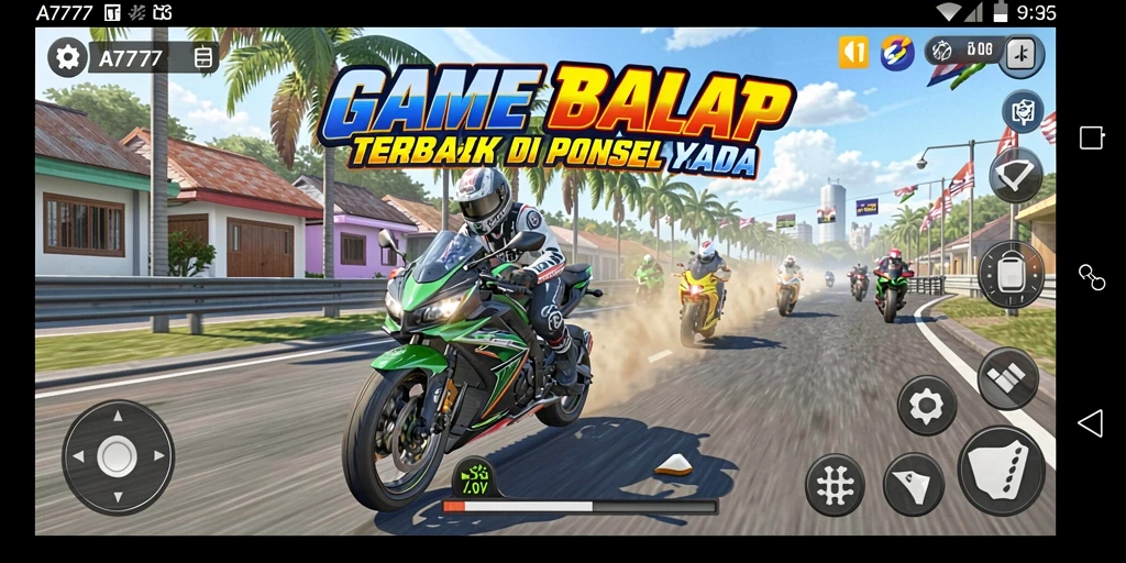 Screenshot utama A7777 menampilkan aksi balap motor yang mendebarkan.