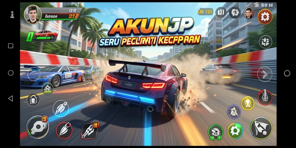 Screenshot gameplay AKUNJP menunjukkan momen balapan yang mendebarkan.