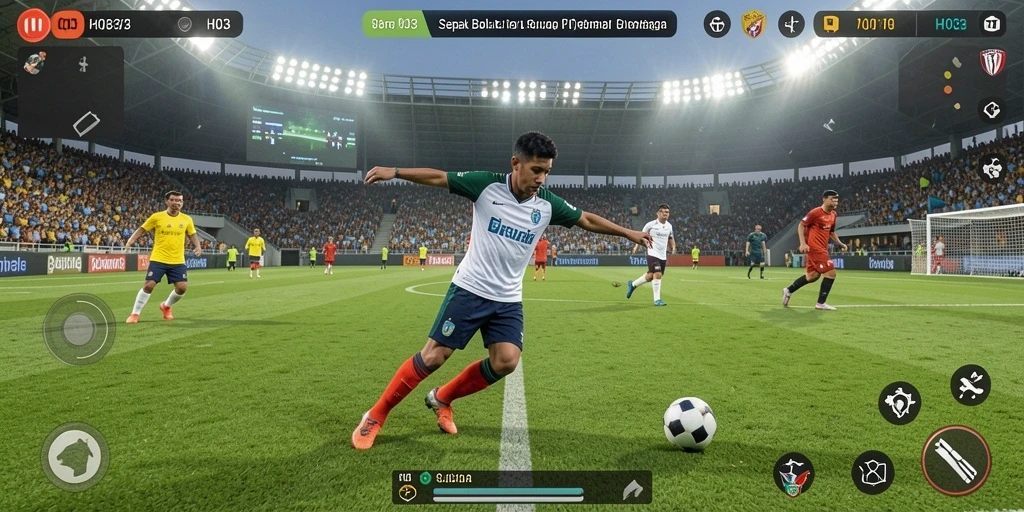 Screenshot Gameplay H03 dengan aksi sepak bola yang seru.
