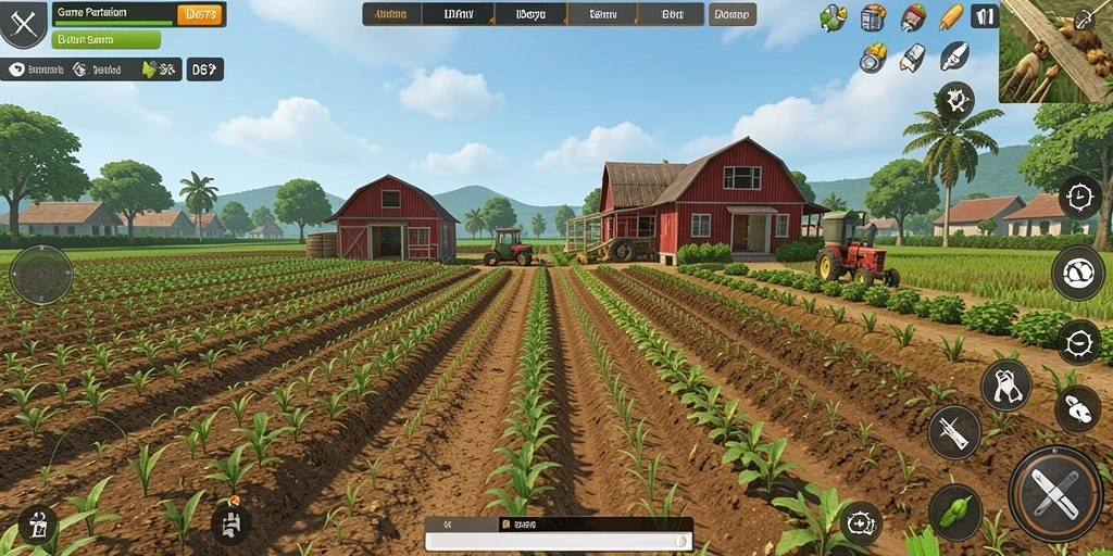 Tangkapan layar gameplay ID678 menampilkan ladang dan hewan ternak.