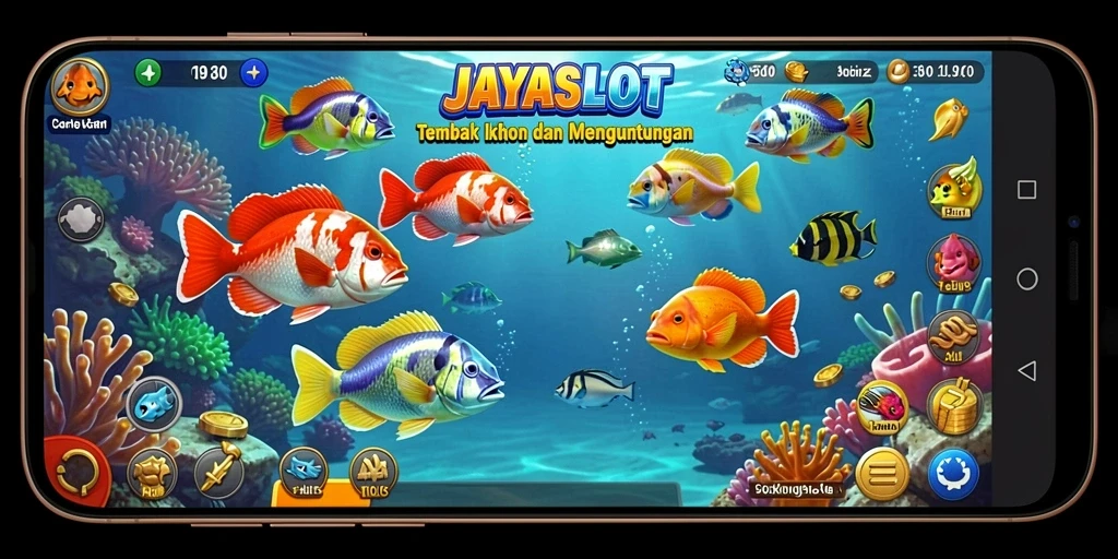 Screenshot gameplay JAYASLOT yang menampilkan aksi menembak ikan.
