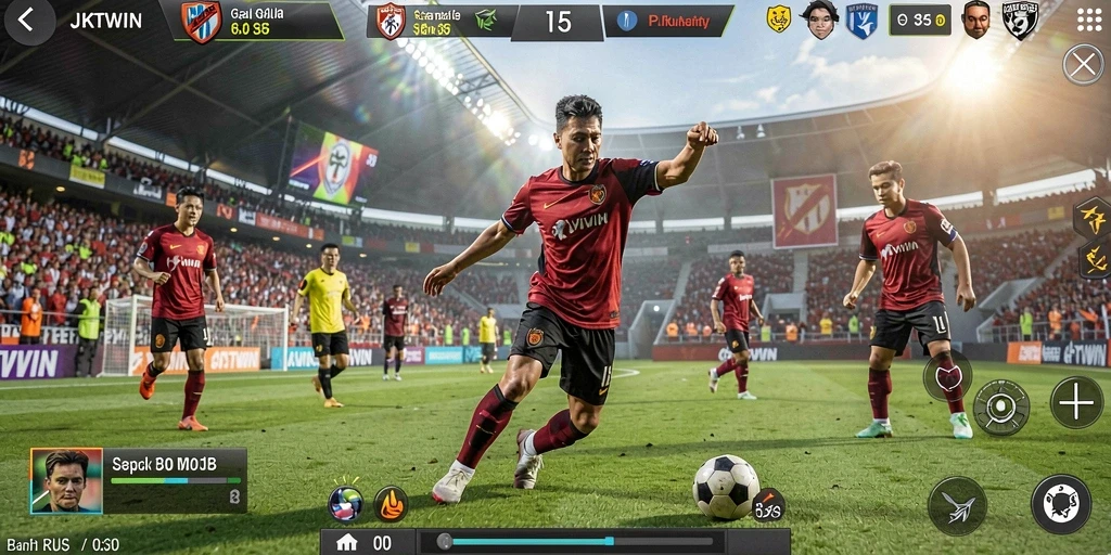 Gameplay JKTWIN yang seru dalam aksi sepak bola.