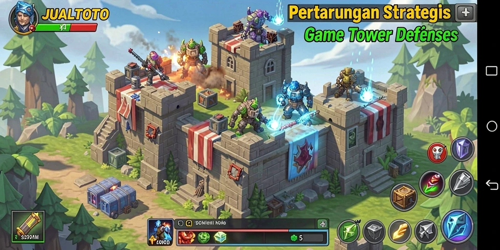 Screenshot gameplay menampilkan aksi seru dalam permainan Tower Defense JUALTOTO.