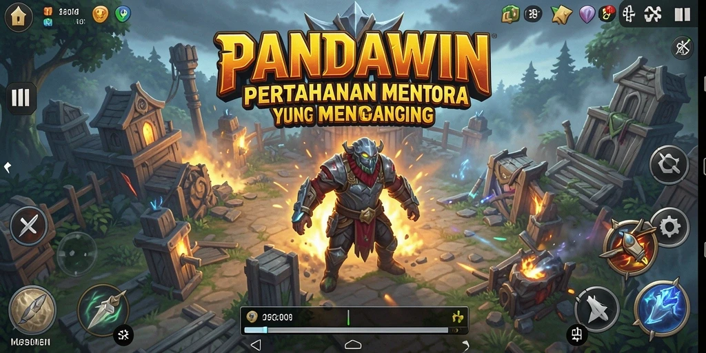 Screenshot gameplay PANDAWIN yang menunjukkan serangan menara di lapangan.