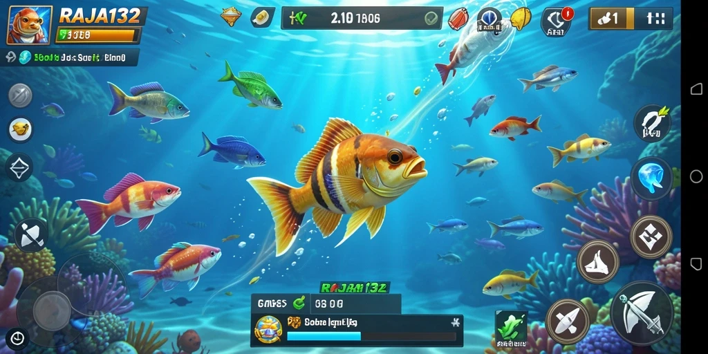 Tampilan menarik gameplay Tembak Ikan RAJA132 dengan ikan berwarna-warni.