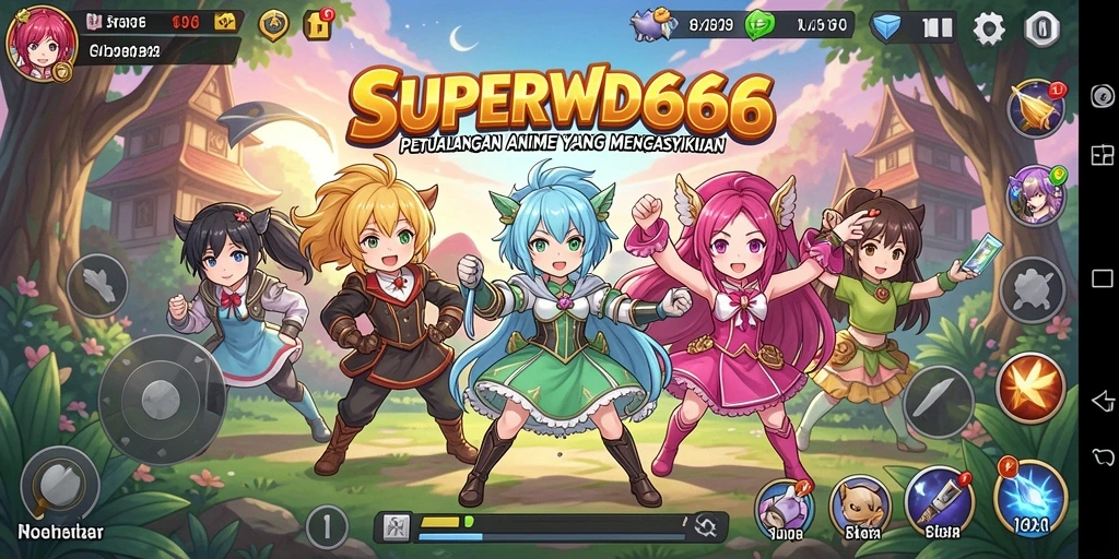 Tampilan gameplay SUPERWD666 menunjukkan karakter anime yang dinamis.