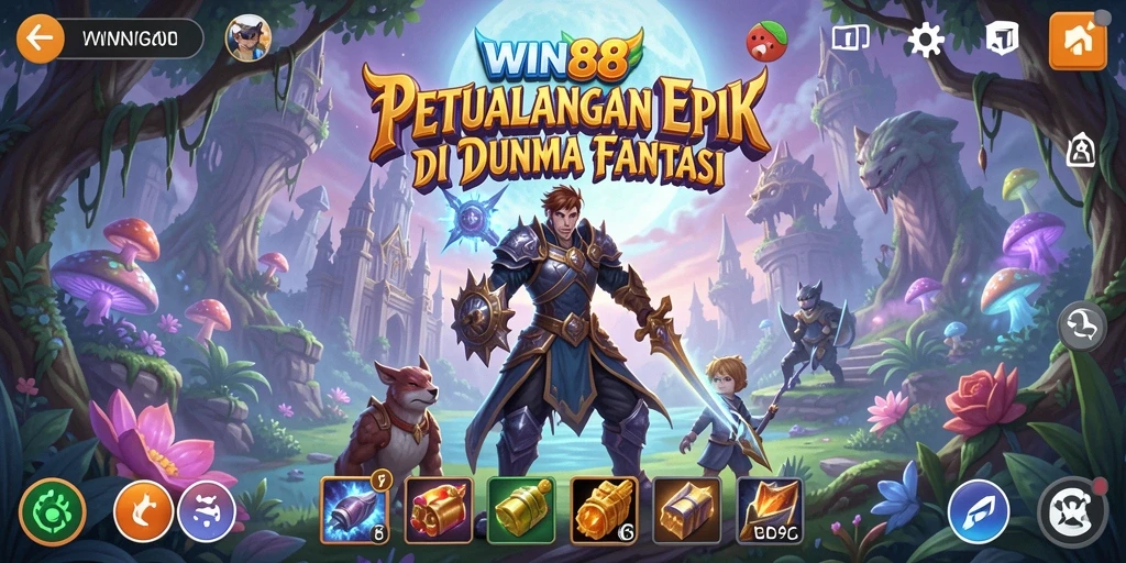 Screenshot utama WIN88 menampilkan aksi pertempuran epik karakter dalam dunia fantasi.